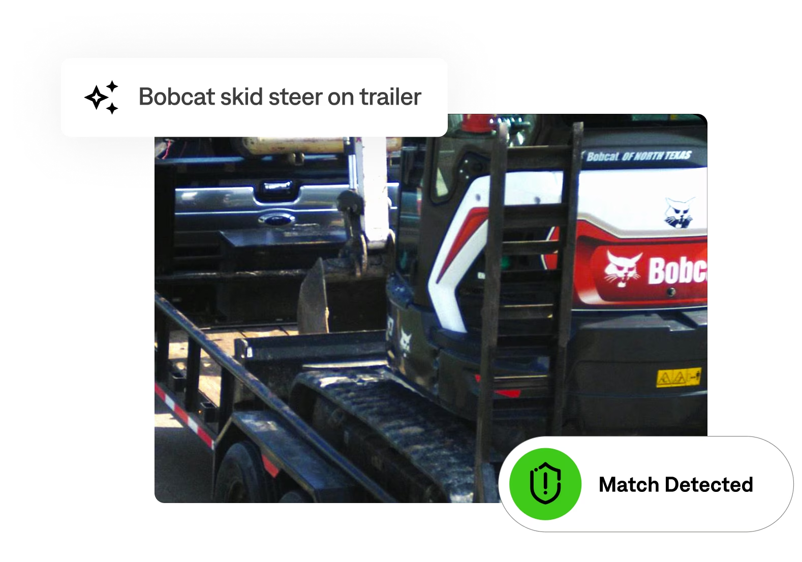 Flock Safety marketing image: "No Plate? No Problem." showing a Bobcat skid steer on a trailer identified by the system with a "Match Detected" tag.