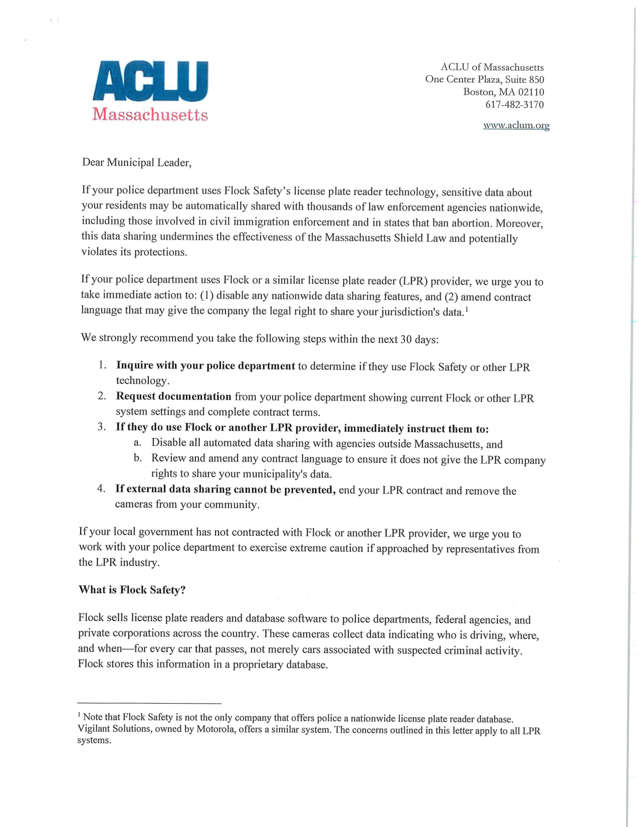 ACLU letter to municipal leaders, page 1